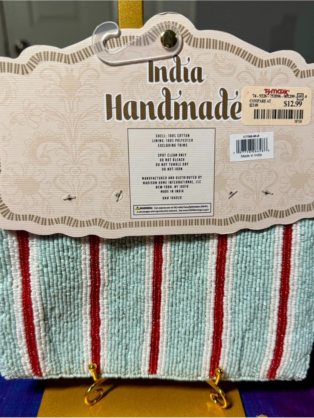 NWT India Handmade Striped Beaded Pouch Zipper Bag with Tassel Viral
